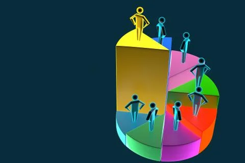 3d Human Figures On Multi Colored Pie Chart Over Desk. 3d rendering Stock Illustration