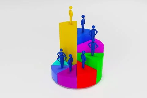 3d Human Figures On Multi Colored Pie Chart Over Desk. 3d rendering Stock Illustration