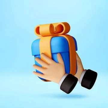 3D Human hand holding gift box with yellow ribbon Stock Illustration
