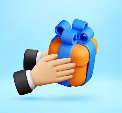 3D human hand holding orange gift box Ilustración de archivo