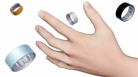 A 3d human hand reaching for floating, sensor-equipped smart rings. Stock Illustration
