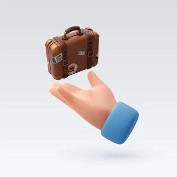 3d human hand receive suitcase with stickers, Back to travel concept. Stock Illustration