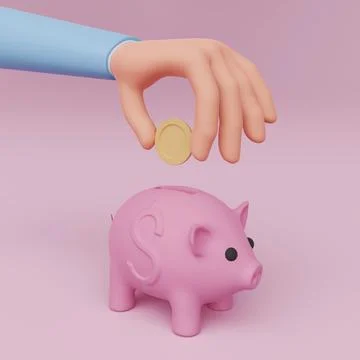 3d human hand throws a coin into a piggy bank Stock Illustration