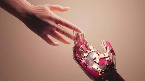 3d human hand to touch a robot hand, Humanity and Artificial Intelligence U.. Stock Illustration