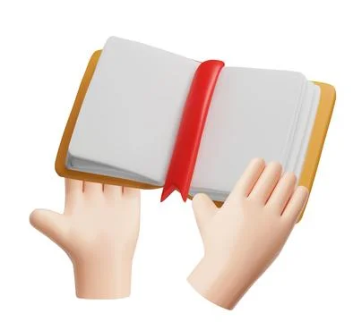 3D human hands holding an open book with a red bookmark, yellow cover, and blank Stock Illustration