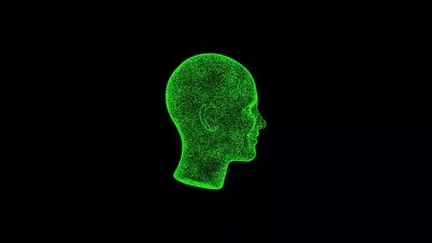 3D Human head on black bg. Object dissolved green flickering particles. Busin Illustrazione stock