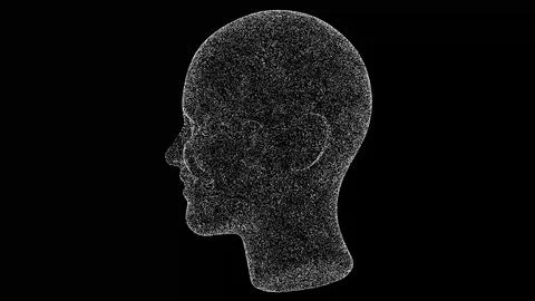 3D Human head on black bg. Object dissolved white flickering particles. Bus.. Illustrazione stock