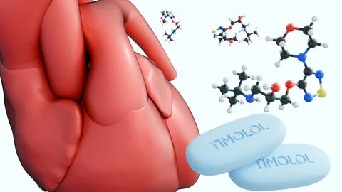 A 3d human heart alongside "TIMOLOL" pills with  Timolol molecular structure Stock Illustration