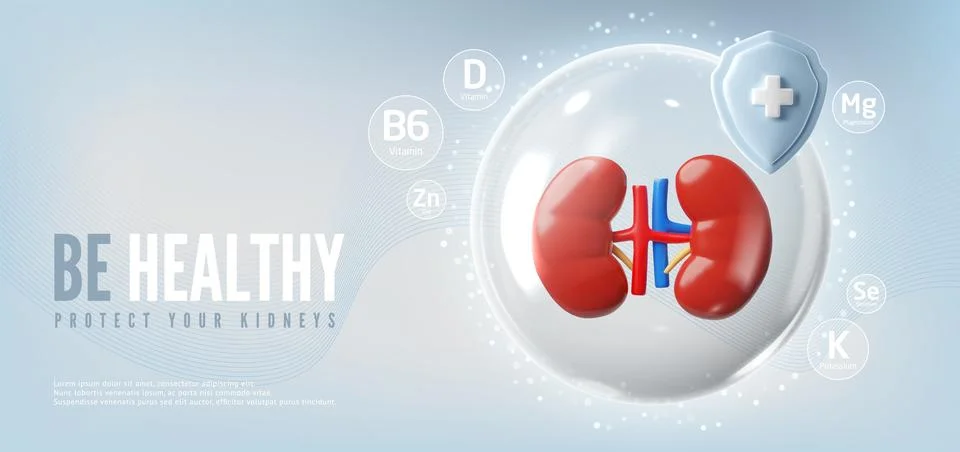 3D human kidneys in a protective bubble, shield with a plus sign and vitamins Illustrazione stock