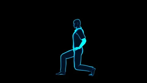 3D Human Model Forward Lunge Exercise Side View Hologram HUD Stock Footage 343860932