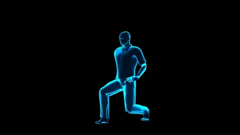 3D Human Model Forward Lunge Exercise Perspective View Hologram HUD Stock Footage 343860933