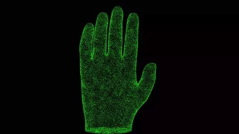 3D human palm on black bg. Object dissolved green flickering particles. Bus.. Illustrazione stock