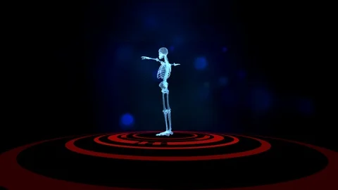 3D human skeleton turning on virtual projection of red hud scape over black Stock Footage 127983790