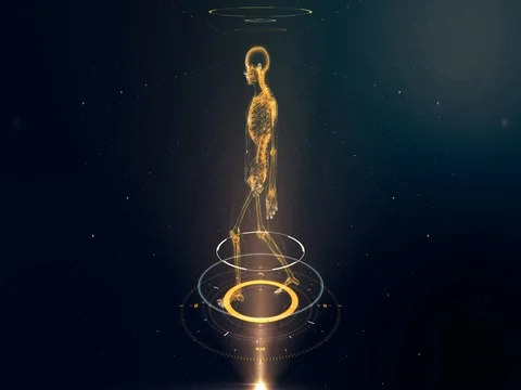 3D Human Skeleton Walking on Virtual Holographic Projection with Futuristic HUD Stock Footage 70826836