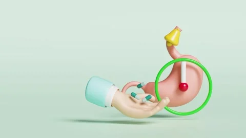 3d human stomach with clock, hands holding medicine, bell isolated on green.. Stock Footage 306651176