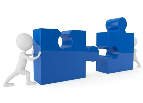3d humanoid character push a blue puzzle pieces Stock Illustration