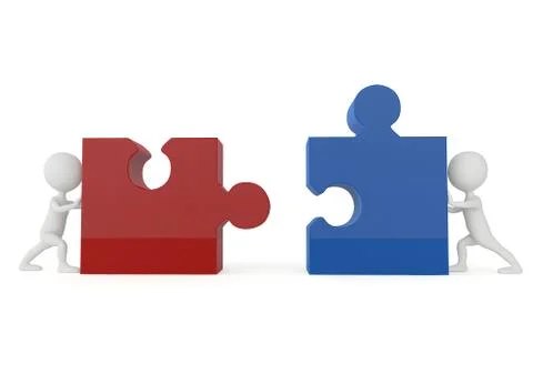 3d humanoid character push a puzzle pieces Stock-Illustration
