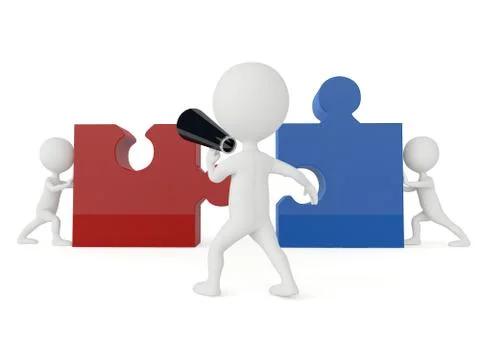 3d humanoid character push a puzzle pieces Stock-Illustration