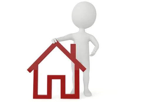 3d humanoid character with a red hosue symbol Illustration