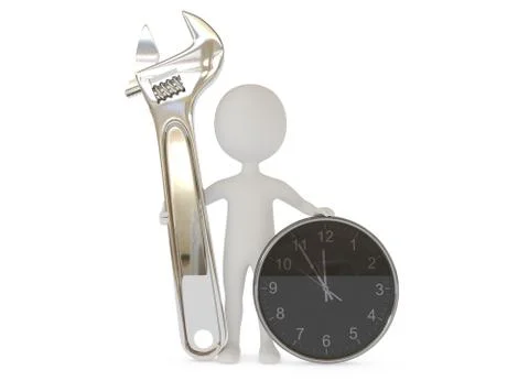 3d humanoid character with a wrench tool and clock Stock Illustration
