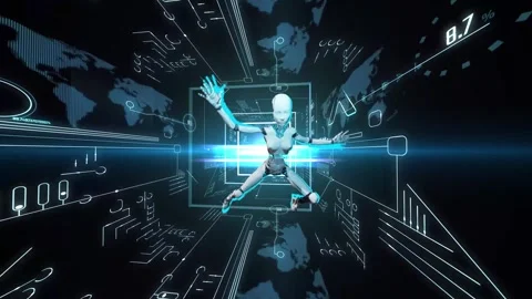 3d humanoid cyborg character floating in a three-dimensional data void Stock-Footage 333795083
