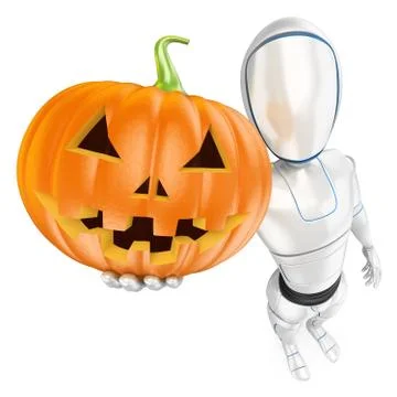 3D Humanoid robot with a big pumpkin. Halloween Stock Illustration