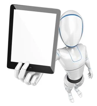 3D Humanoid robot with a blank screen tablet Stock Illustration