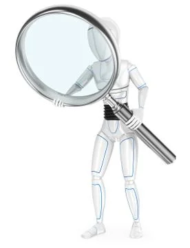 3D Humanoid robot with a huge magnifying glass Stock Illustration