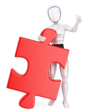 3D Humanoid robot with a huge puzzle piece. Solution Stock Illustration