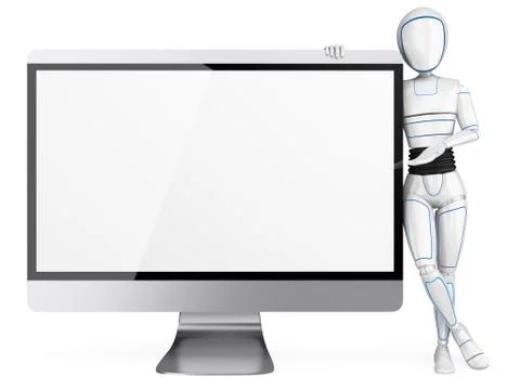3D Humanoid robot leaning on a big blank screen Stock Illustration