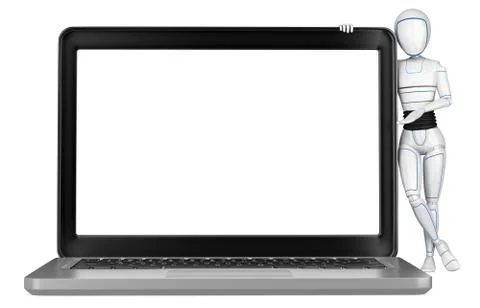 3D Humanoid robot leaning on a big laptop with blank screen Stock Illustration