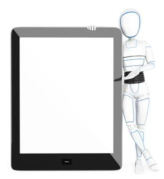 3D Humanoid robot leaning on a huge tablet with blank screen Stock Illustration
