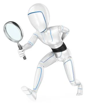 3D Humanoid robot looking for with a magnifying glass Stock Illustration