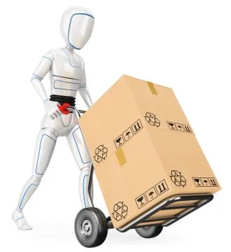 3D Humanoid robot pushing a cart with cardboard boxes Stock Illustration