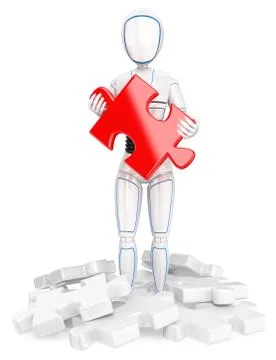 3D Humanoid robot with a red puzzle piece. Find the solution Stock Illustration