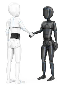 3D Humanoid robot shaking hands with another robot Stock Illustration