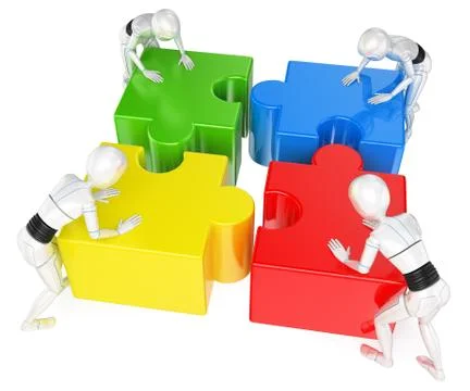 3D Humanoid robot solving the puzzle. Teamwork Stock Illustration