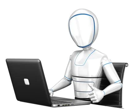 3D Humanoid robot working with a laptop and thumb up 스톡 일러스트