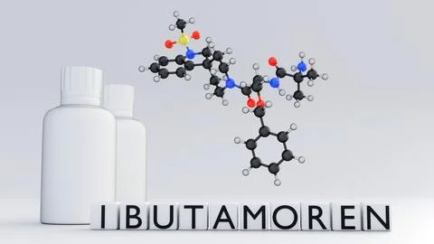 3d "IBUTAMOREN" blocks and supplement bottles with floating molecular models. Stock Illustration