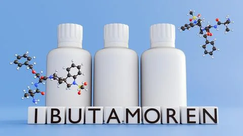 3d "IBUTAMOREN" blocks and supplement bottles with floating molecular models. Stock Illustration