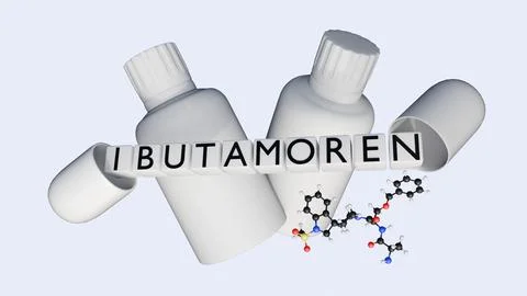 3d "IBUTAMOREN" blocks and supplement bottles with floating molecular models. Stock Illustration
