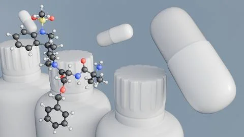 3d "IBUTAMOREN" blocks and supplement bottles with floating molecular models. Stock Illustration