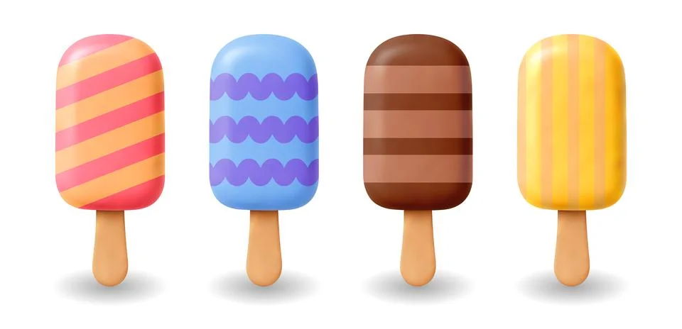3D Ice Cream Popsicles Flat Summer Icon Realistic Vector Set Frozen Dessert Stock Illustration