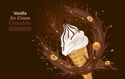 3d ice cream. Soft icecream cone, chocolate swirl and splash with sweet sauce Stock Illustration