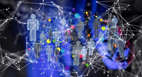 3d icon of Abstract technology group and data network with blurred blue backgrou 库存照片