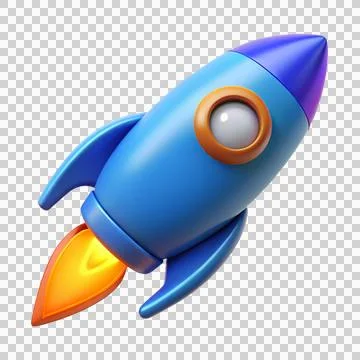 3D ICON OF blue rocket blasting off with fiery exhaust for innovative Stock Illustration