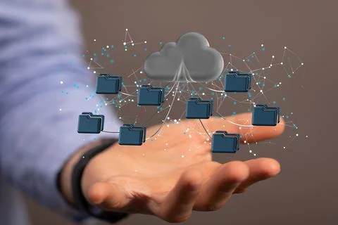 3D icon of a cloud and files above a hand of a man in the background Stock Photos