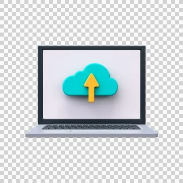 3D icon for cloud file upload. Cloud sign with up arrow on laptop screen Stock Illustration
