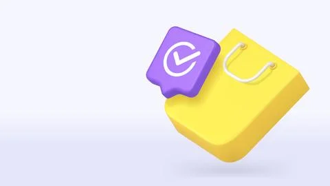 3d icon featuring a purple checkmark and yellow shopping bag symbolizes appro Stock Illustration