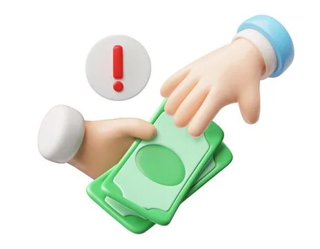 3D icon of a hand passing paper money to another with an exclamation point. Stock Illustration